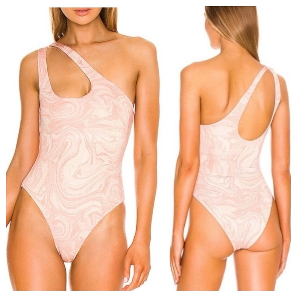 L*Space Blush Tan Shimmer Swirl One Shoulder Cutout One Piece Swimsuit Sz M